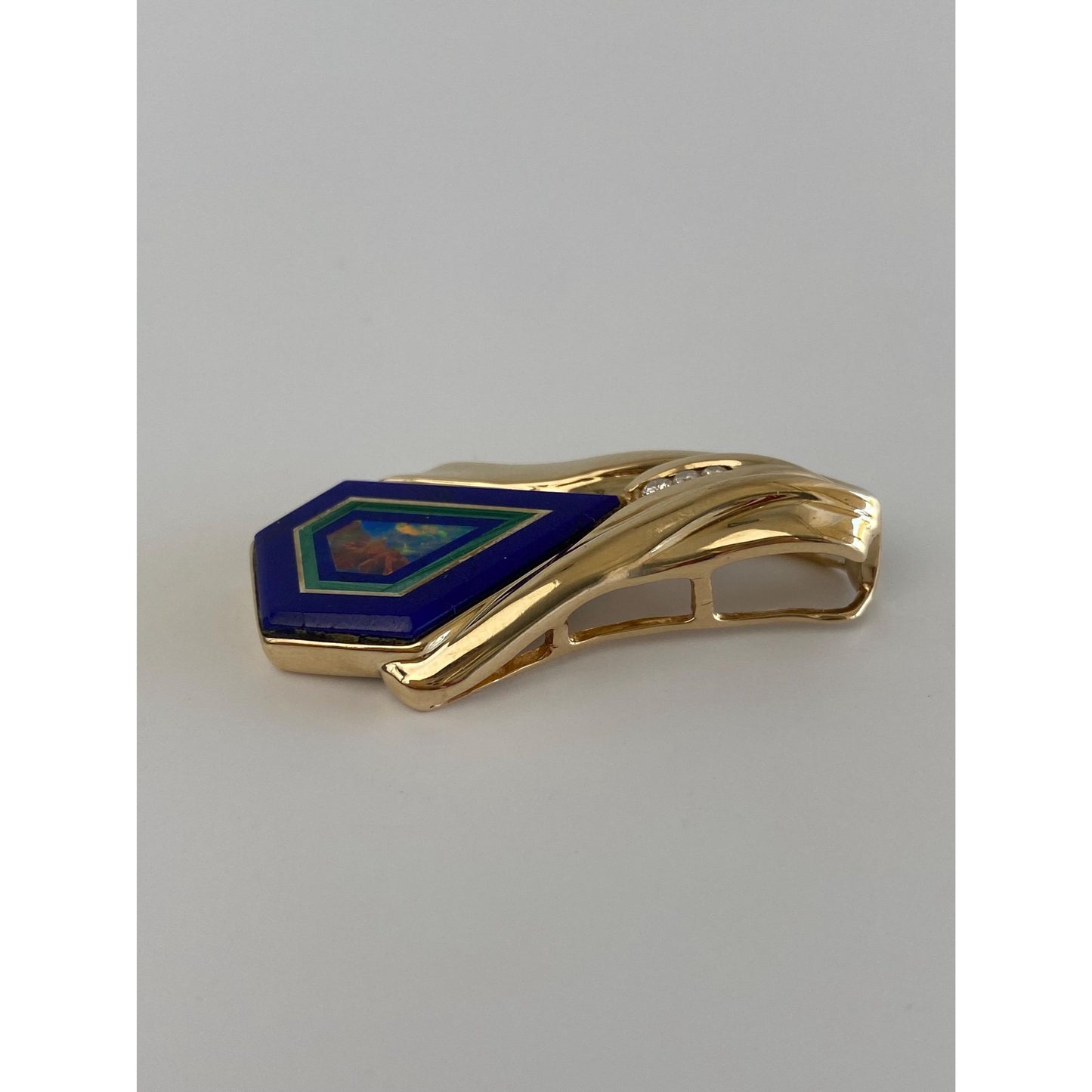 Solid 14k Yellow Gold Diamond Opal Lapis Inlay Slide Charm