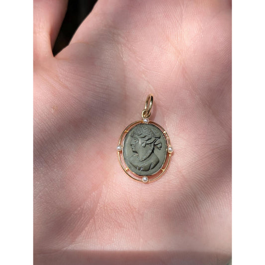 Vintage Solid 10k Yellow Gold Seed Pearl Lava Stone Cameo Stick Pin Conversion Charm