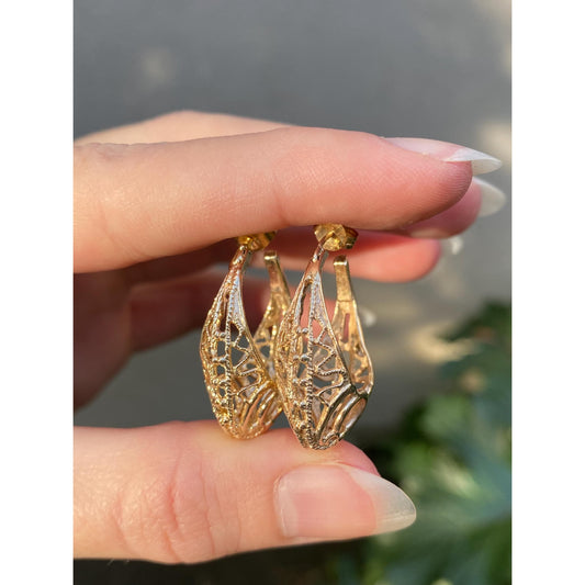 Vintage 10k Yellow Gold Open Filigree Work Basket Hoop Earrings