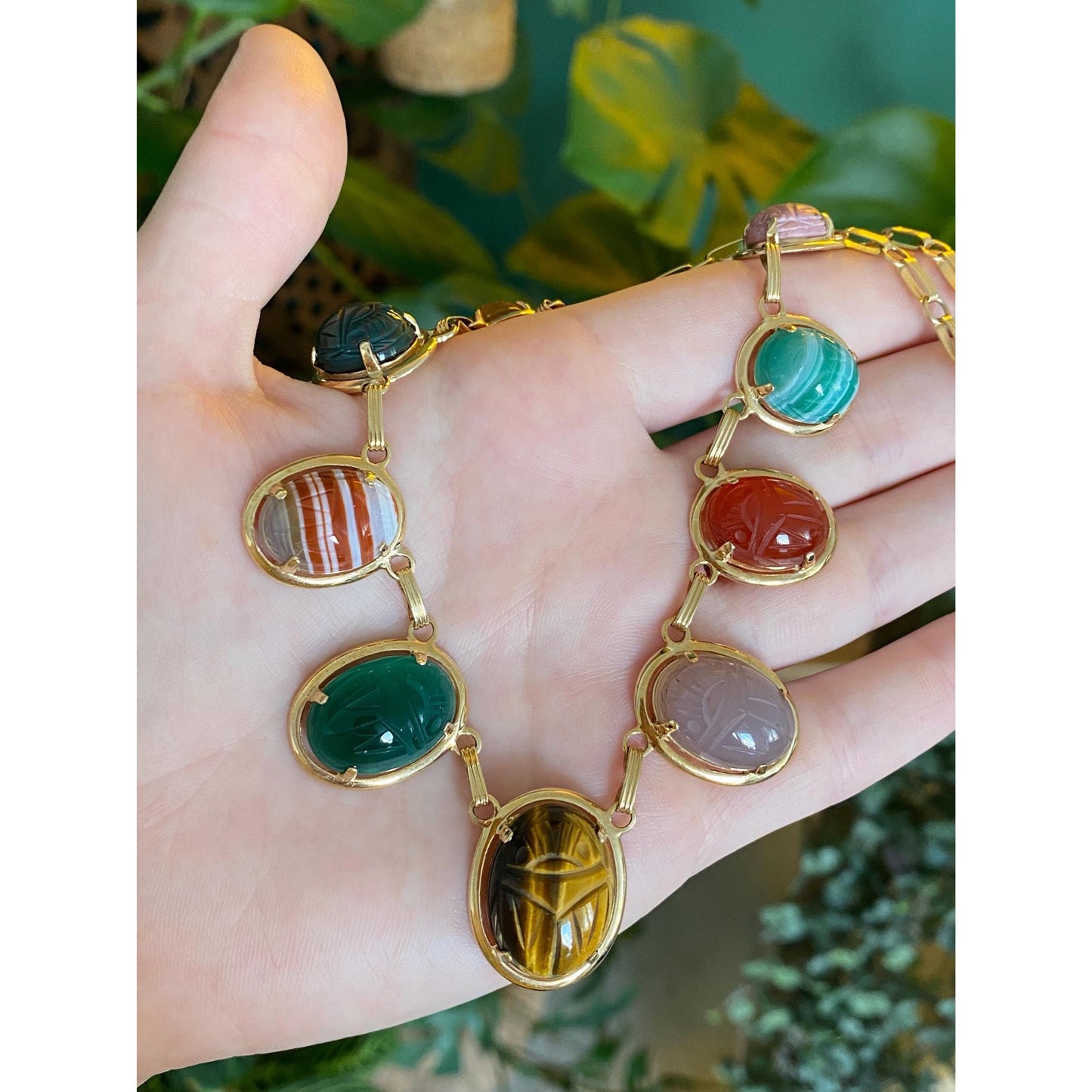 Solid 14k Yellow Gold Tigers Eye Carnelian Green Chalcedony Agate Rhodolite Bloodstone Citrine Scarab Link Chain Necklace - 16 inches