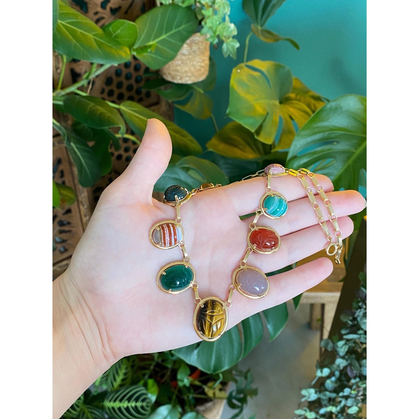 Solid 14k Yellow Gold Tigers Eye Carnelian Green Chalcedony Agate Rhodolite Bloodstone Citrine Scarab Link Chain Necklace - 16 inches