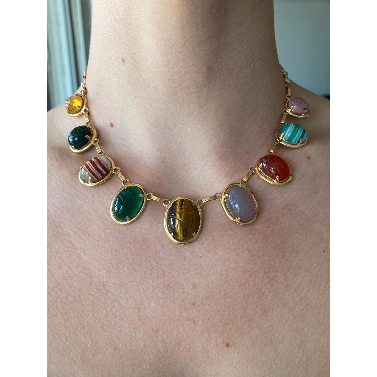 Solid 14k Yellow Gold Tigers Eye Carnelian Green Chalcedony Agate Rhodolite Bloodstone Citrine Scarab Link Chain Necklace - 16 inches