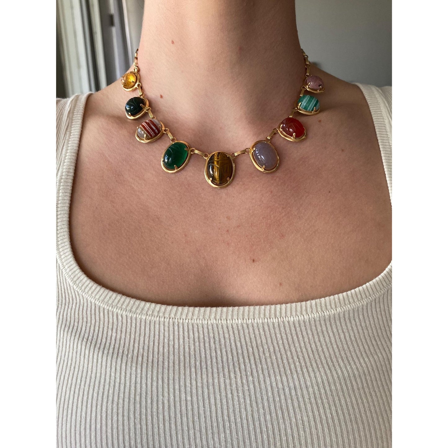 Solid 14k Yellow Gold Tigers Eye Carnelian Green Chalcedony Agate Rhodolite Bloodstone Citrine Scarab Link Chain Necklace - 16 inches