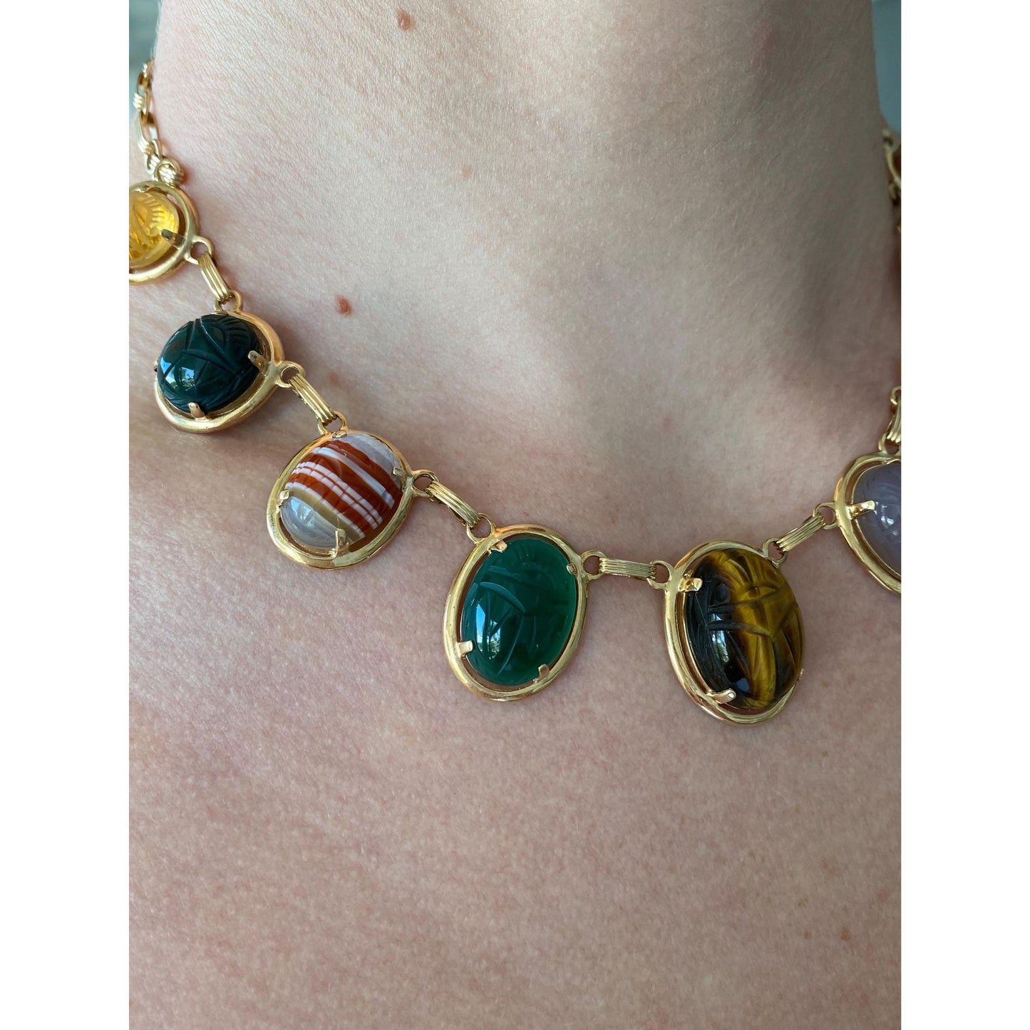 Solid 14k Yellow Gold Tigers Eye Carnelian Green Chalcedony Agate Rhodolite Bloodstone Citrine Scarab Link Chain Necklace - 16 inches