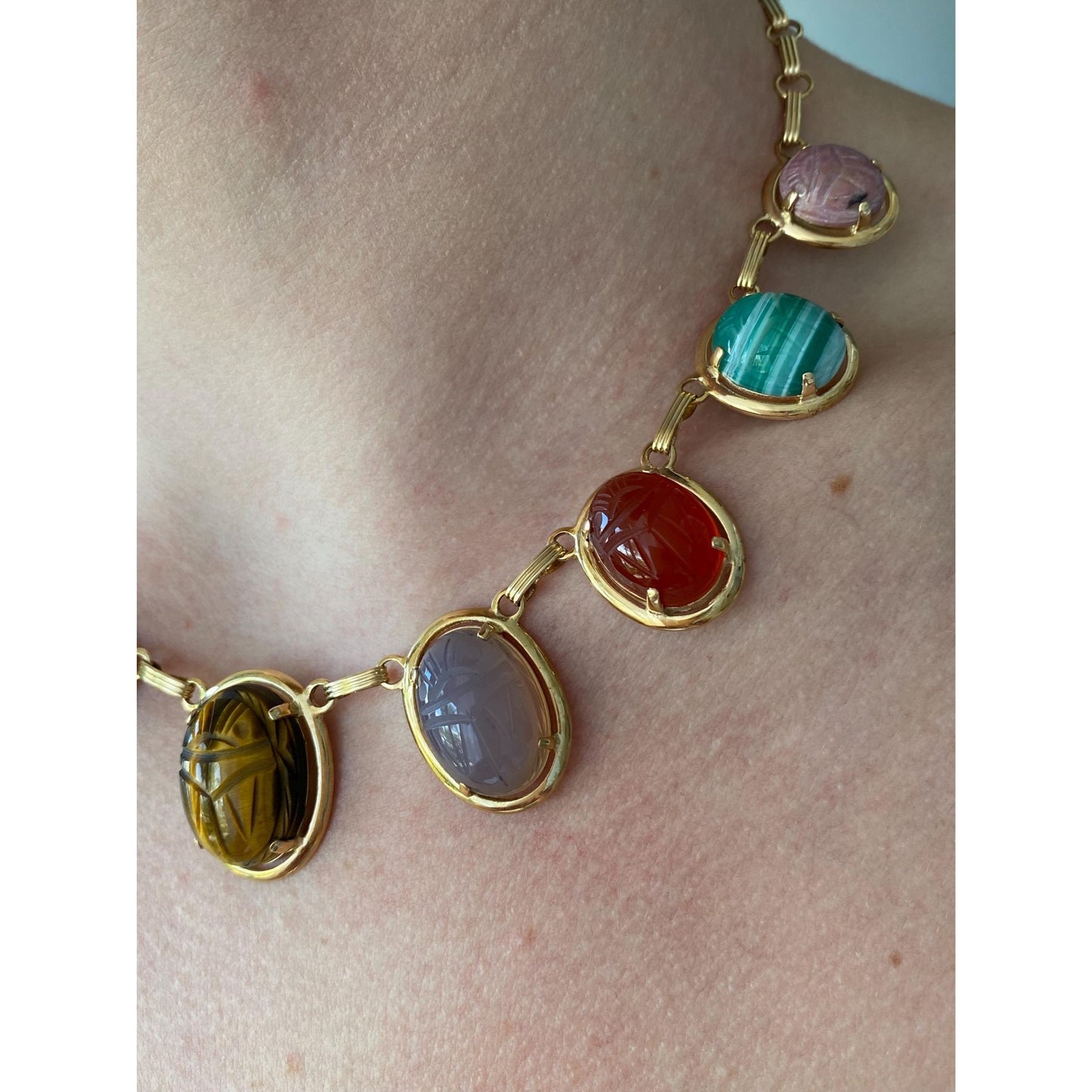 Solid 14k Yellow Gold Tigers Eye Carnelian Green Chalcedony Agate Rhodolite Bloodstone Citrine Scarab Link Chain Necklace - 16 inches