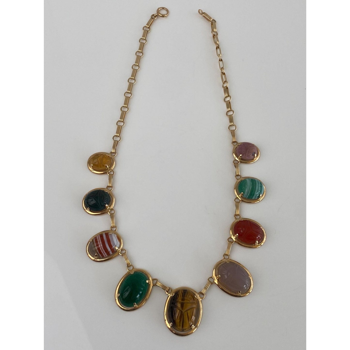 Solid 14k Yellow Gold Tigers Eye Carnelian Green Chalcedony Agate Rhodolite Bloodstone Citrine Scarab Link Chain Necklace - 16 inches