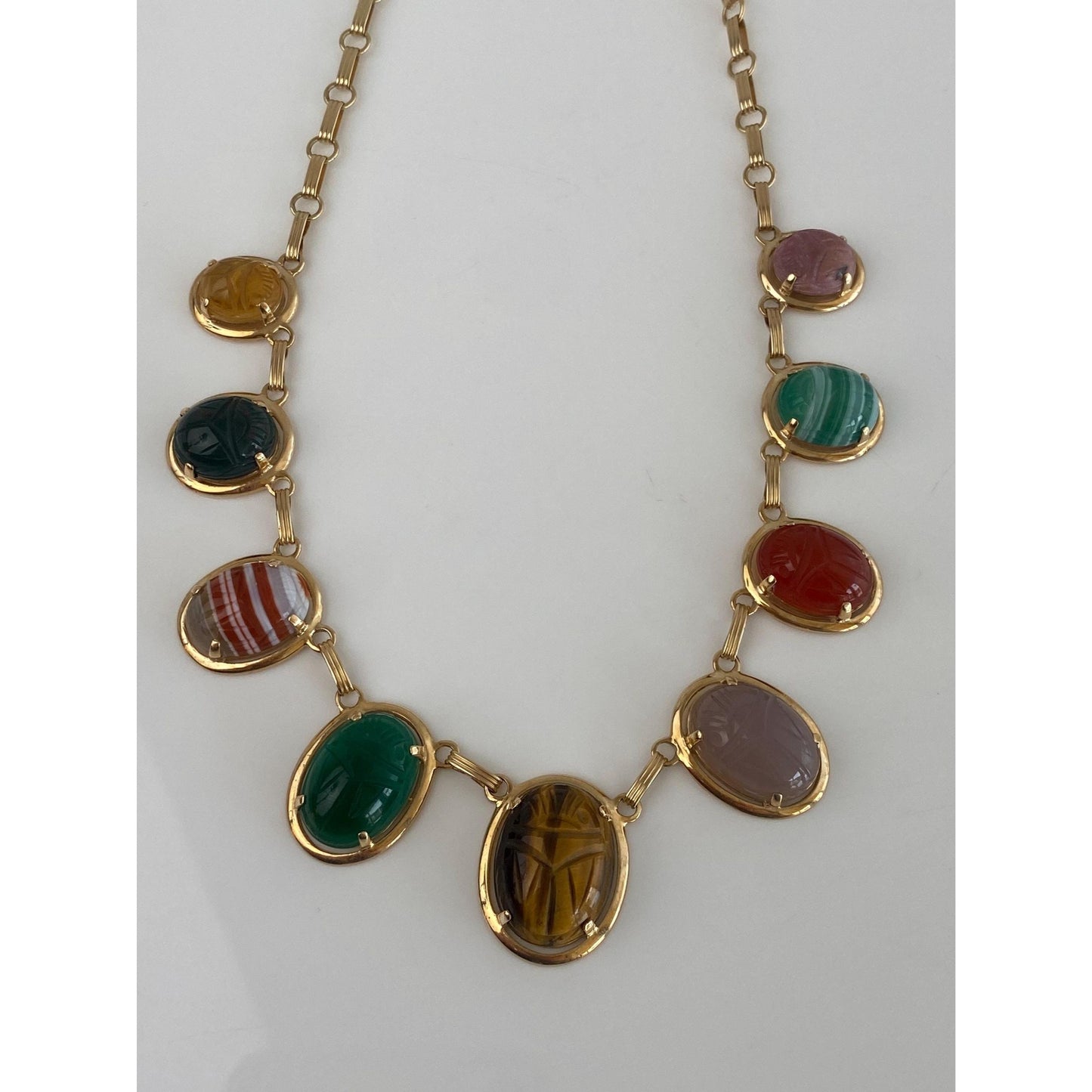 Solid 14k Yellow Gold Tigers Eye Carnelian Green Chalcedony Agate Rhodolite Bloodstone Citrine Scarab Link Chain Necklace - 16 inches