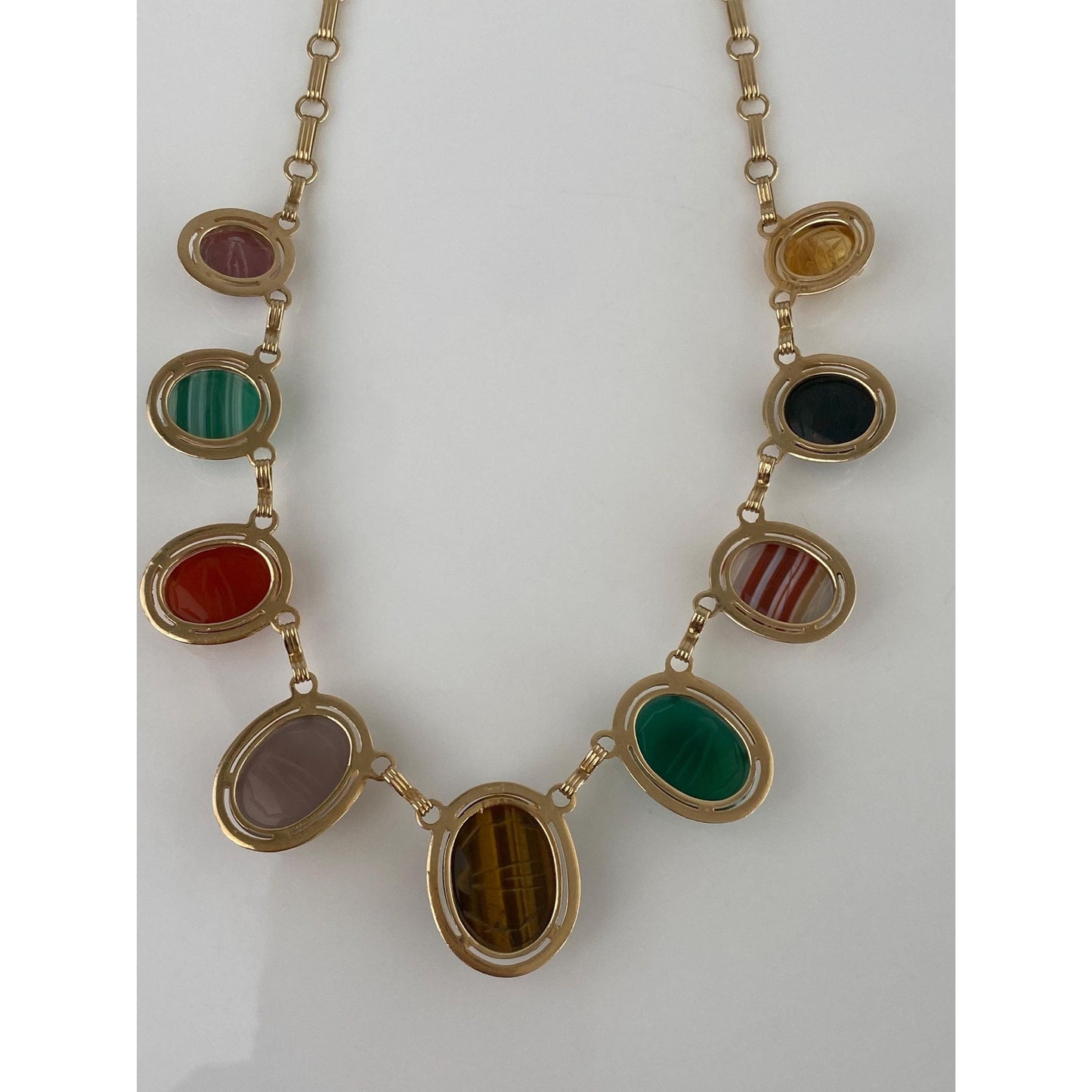 Solid 14k Yellow Gold Tigers Eye Carnelian Green Chalcedony Agate Rhodolite Bloodstone Citrine Scarab Link Chain Necklace - 16 inches