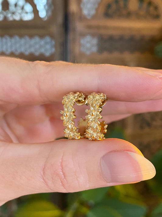 Vintage Solid 14k Yellow Gold Floral Hoop Earrings