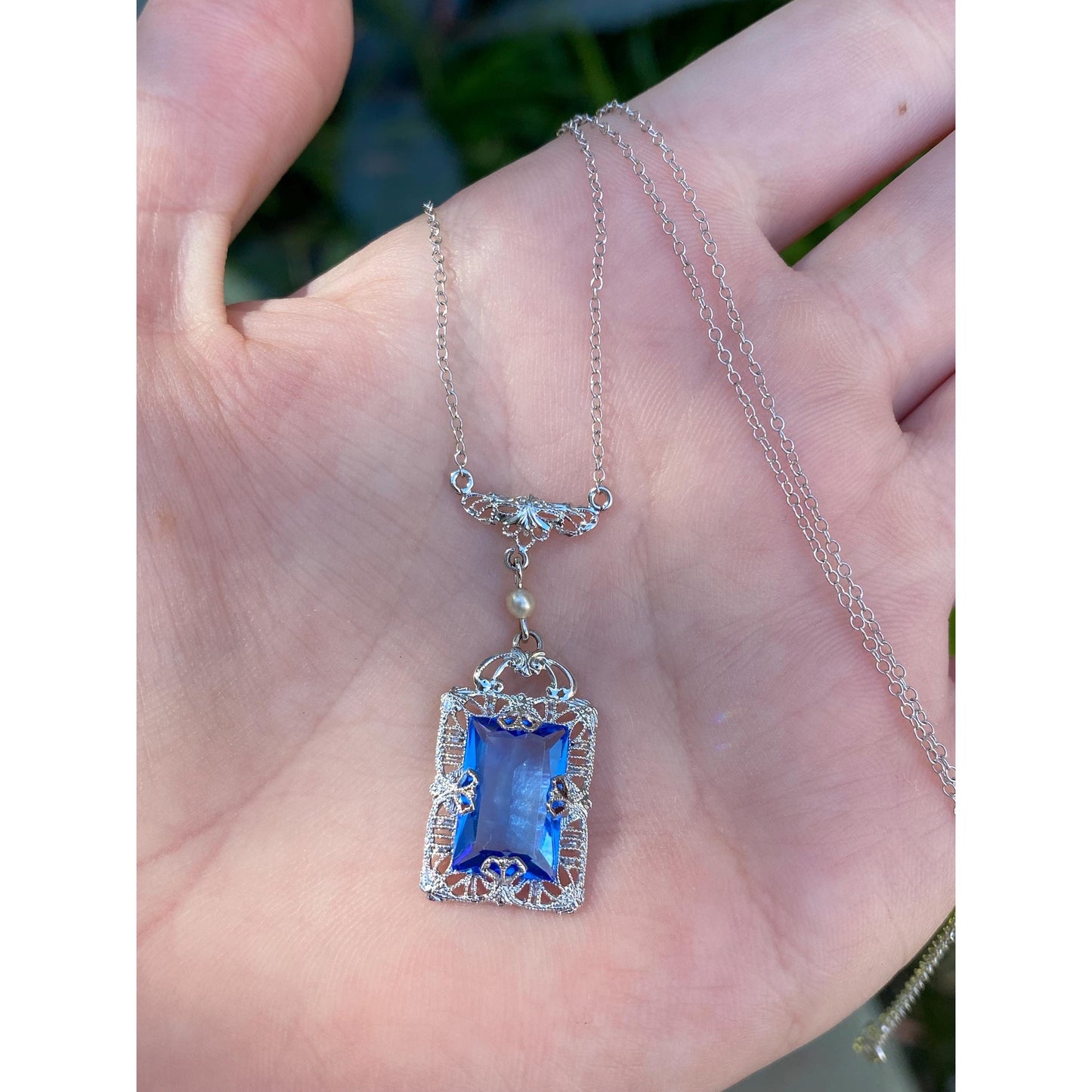 Solid 10k White Gold Blue Cubic Zirconia Pearl Art Deco Necklace - 16.25 inches