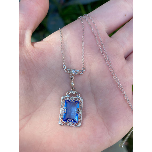 Solid 10k White Gold Blue Cubic Zirconia Pearl Art Deco Necklace - 16.25 inches