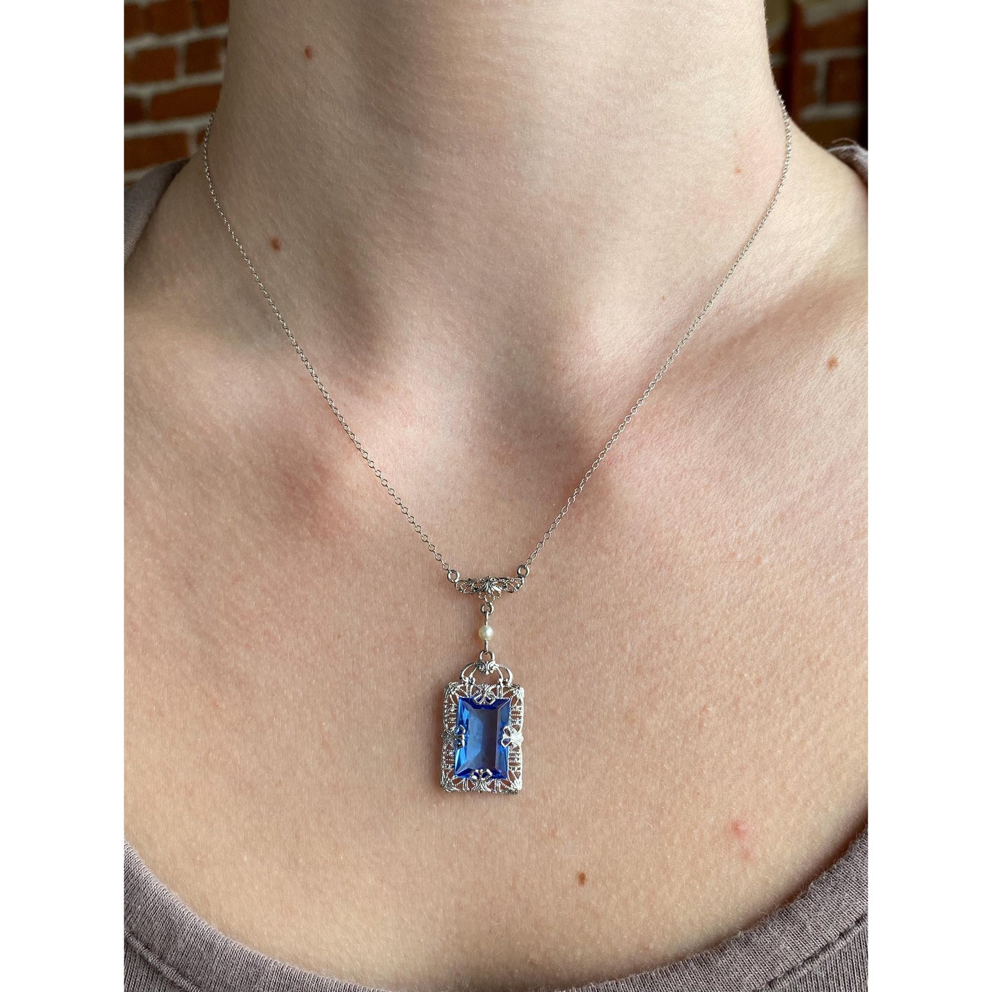 Solid 10k White Gold Blue Cubic Zirconia Pearl Art Deco Necklace - 16.25 inches