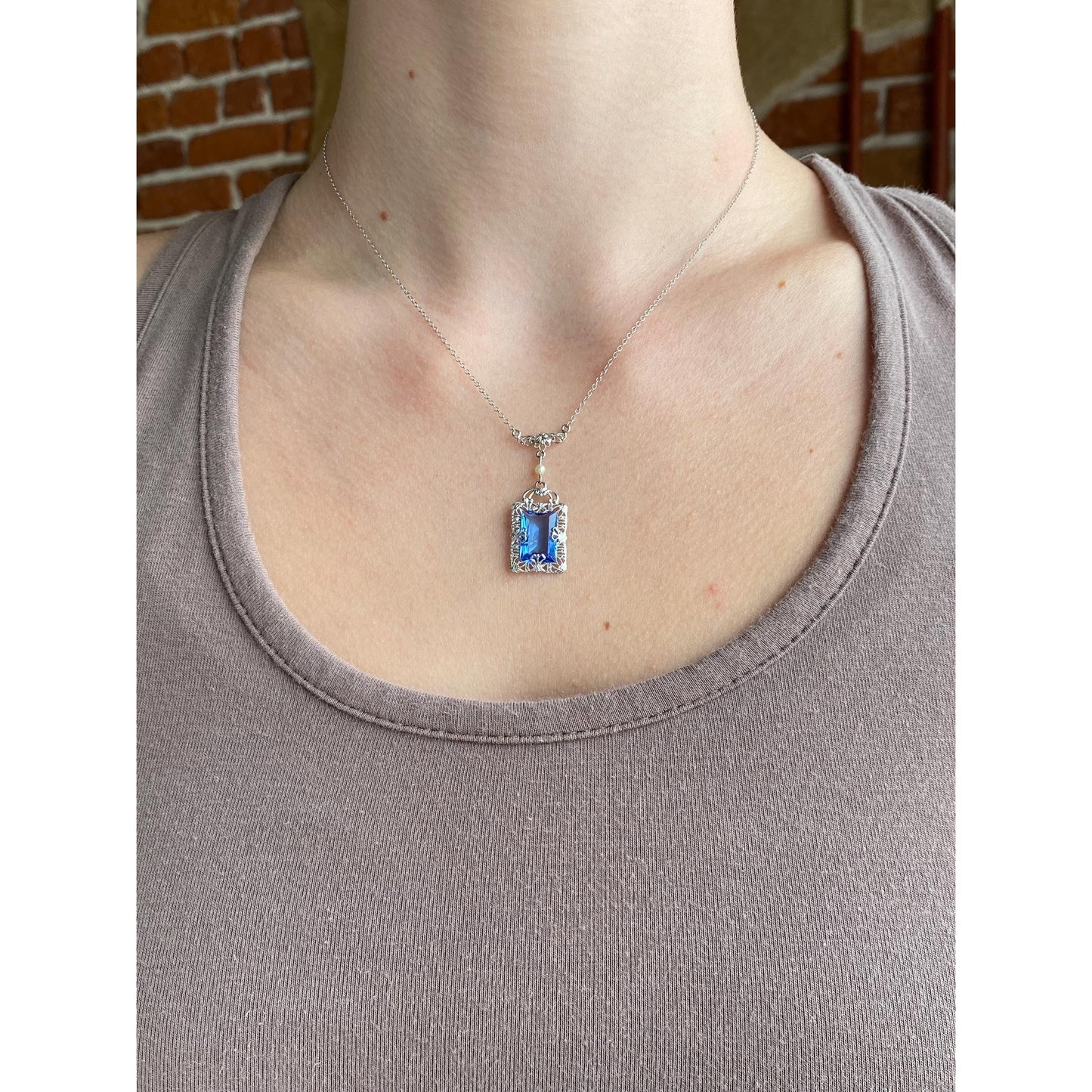 Solid 10k White Gold Blue Cubic Zirconia Pearl Art Deco Necklace - 16.25 inches