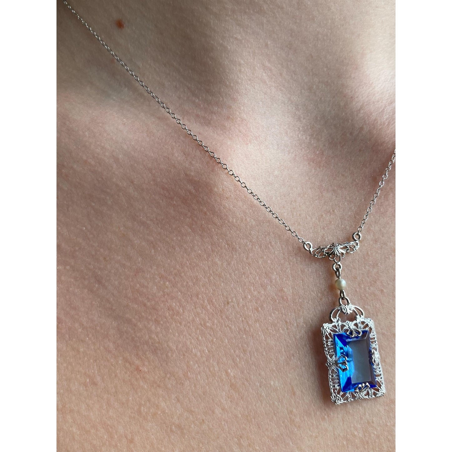 Solid 10k White Gold Blue Cubic Zirconia Pearl Art Deco Necklace - 16.25 inches