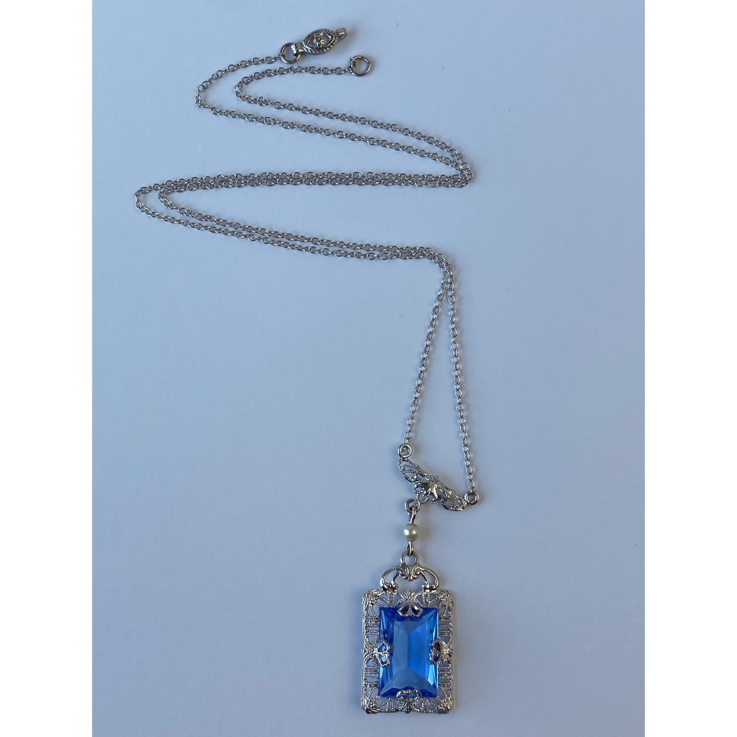 Solid 10k White Gold Blue Cubic Zirconia Pearl Art Deco Necklace - 16.25 inches