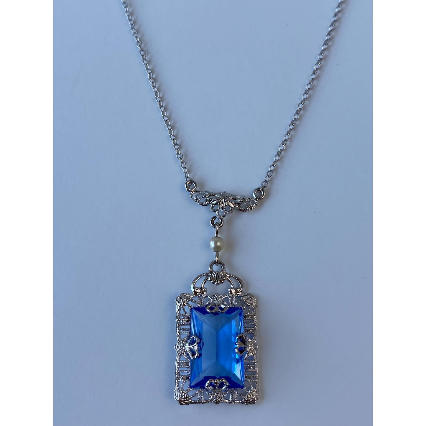 Solid 10k White Gold Blue Cubic Zirconia Pearl Art Deco Necklace - 16.25 inches