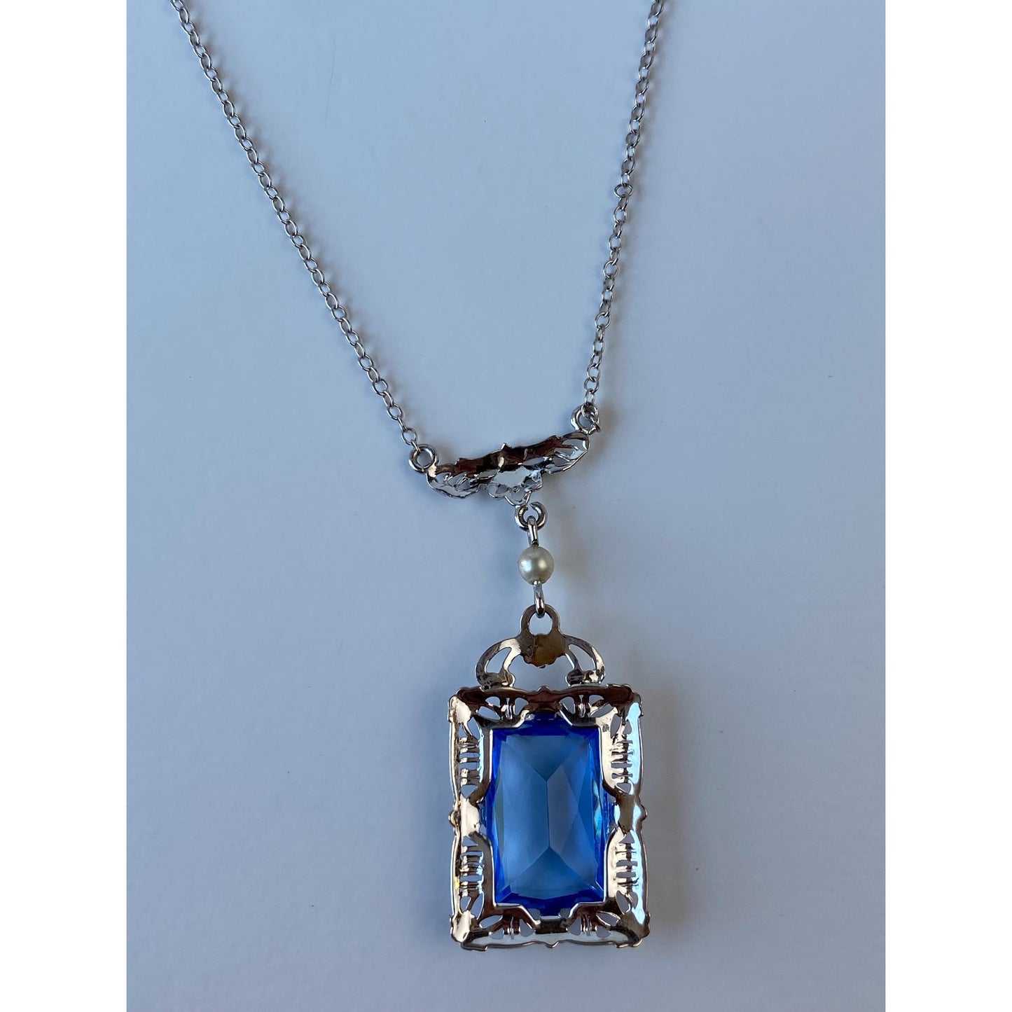 Solid 10k White Gold Blue Cubic Zirconia Pearl Art Deco Necklace - 16.25 inches