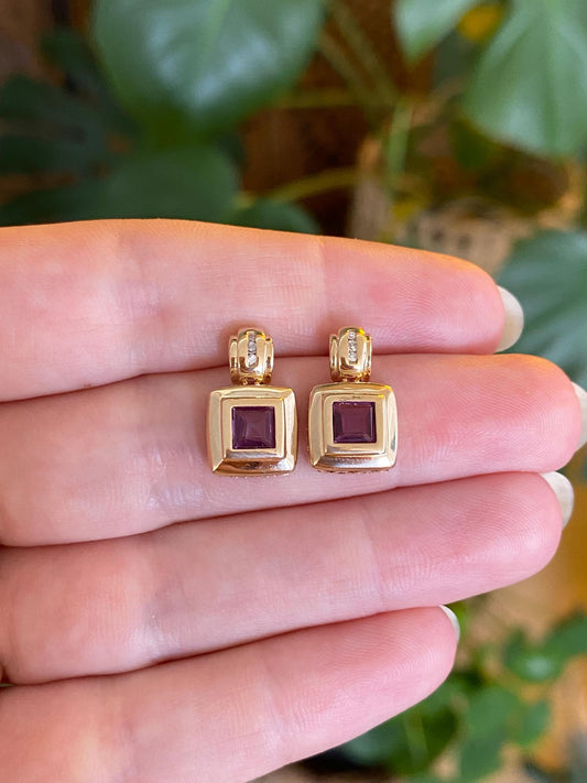 Vintage Solid 14k Yellow Gold Diamond Pink Sapphire Drop Earrings