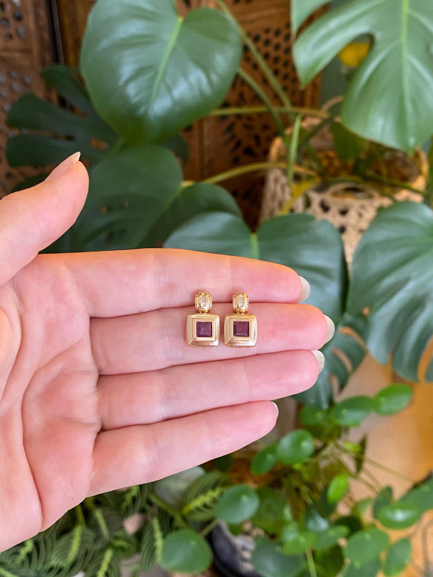 Vintage Solid 14k Yellow Gold Diamond Pink Sapphire Drop Earrings