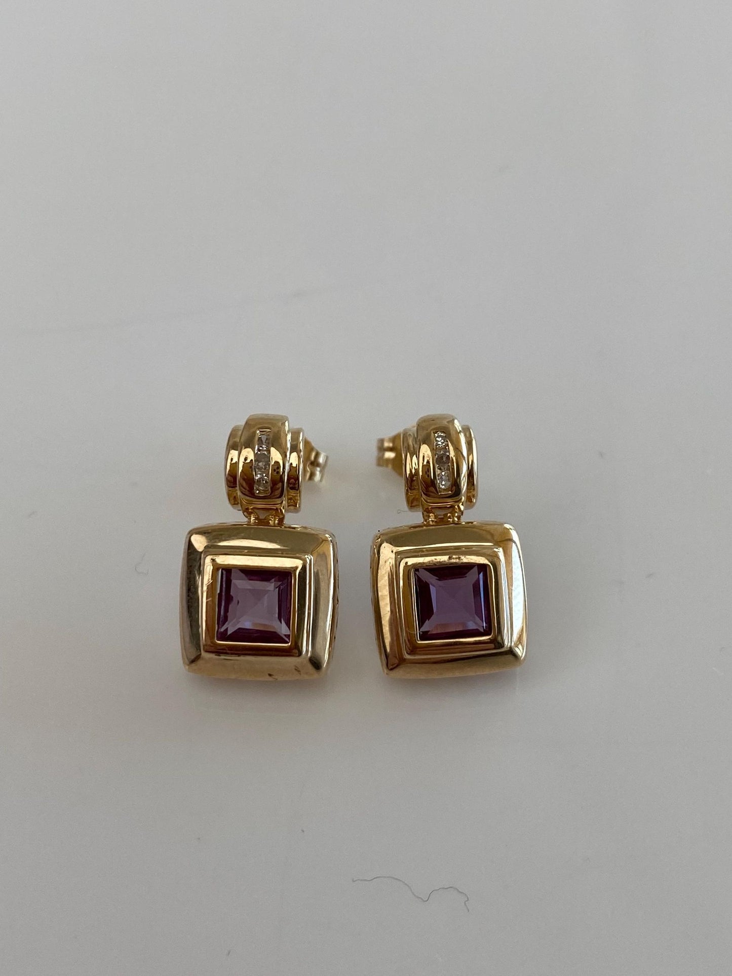 Vintage Solid 14k Yellow Gold Diamond Pink Sapphire Drop Earrings