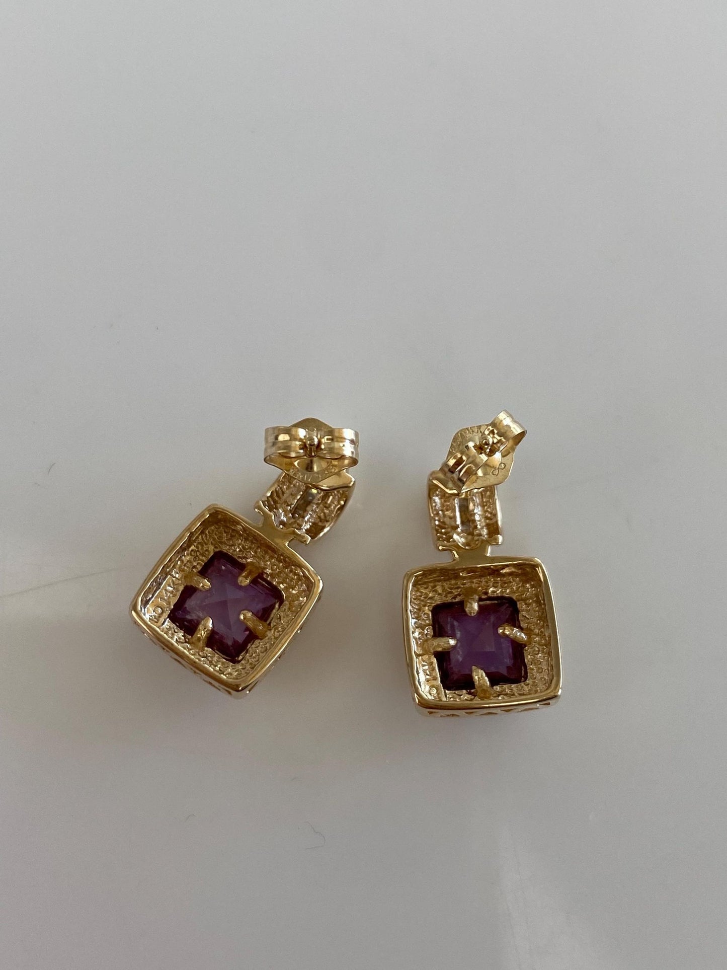 Vintage Solid 14k Yellow Gold Diamond Pink Sapphire Drop Earrings