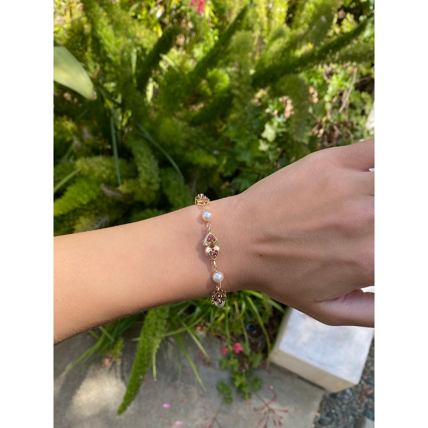 Vintage Solid 14k Yellow Gold Pearl & Red Cubic Zirconia Heart Link Bracelet - 8.25 inches