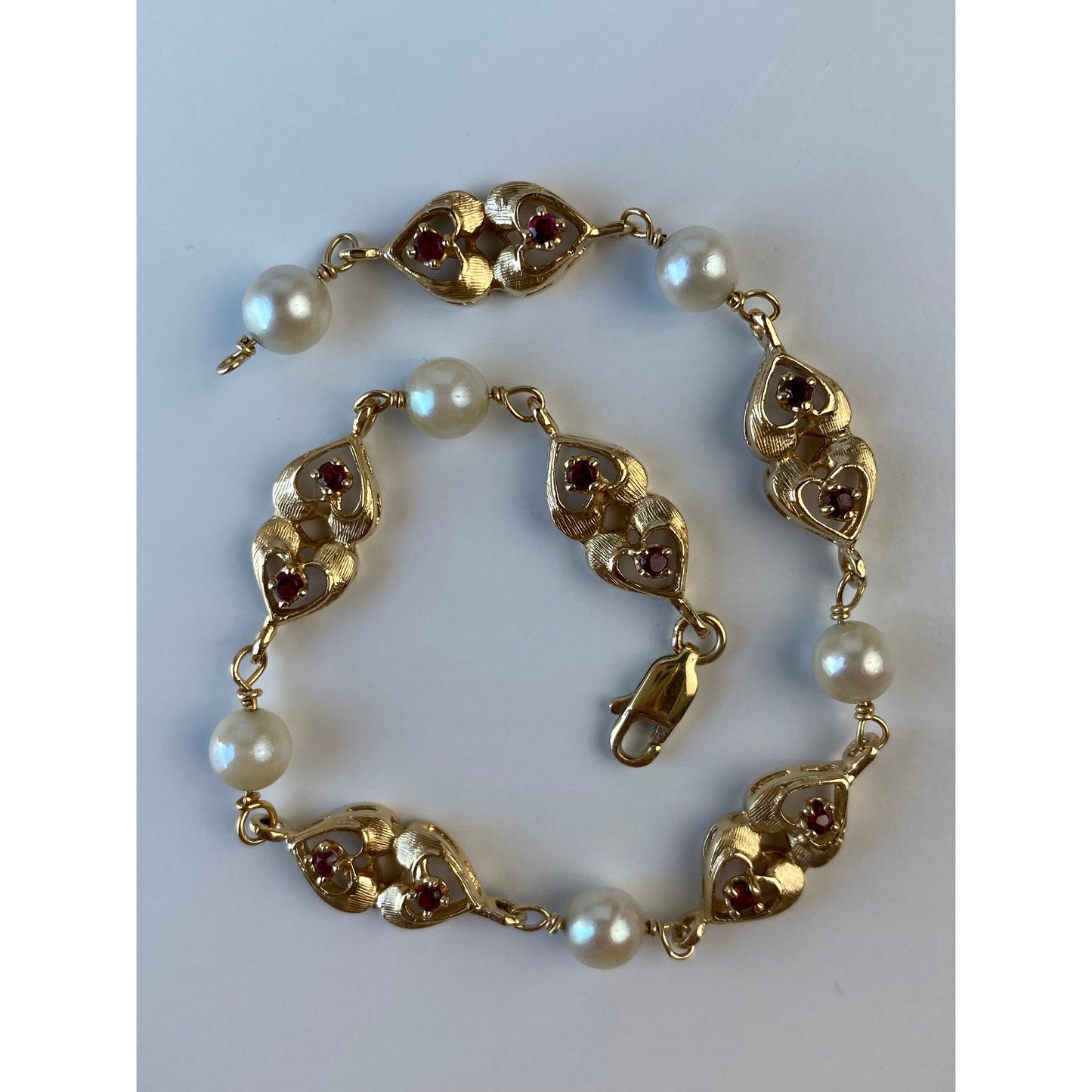 Vintage Solid 14k Yellow Gold Pearl & Red Cubic Zirconia Heart Link Bracelet - 8.25 inches