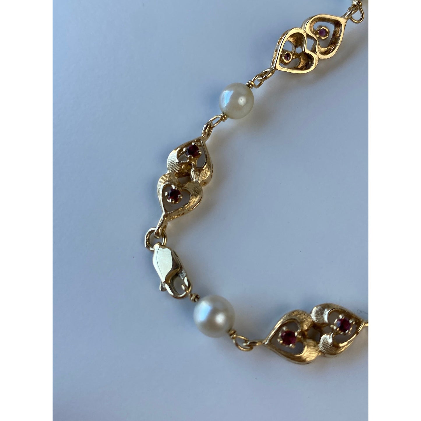 Vintage Solid 14k Yellow Gold Pearl & Red Cubic Zirconia Heart Link Bracelet - 8.25 inches