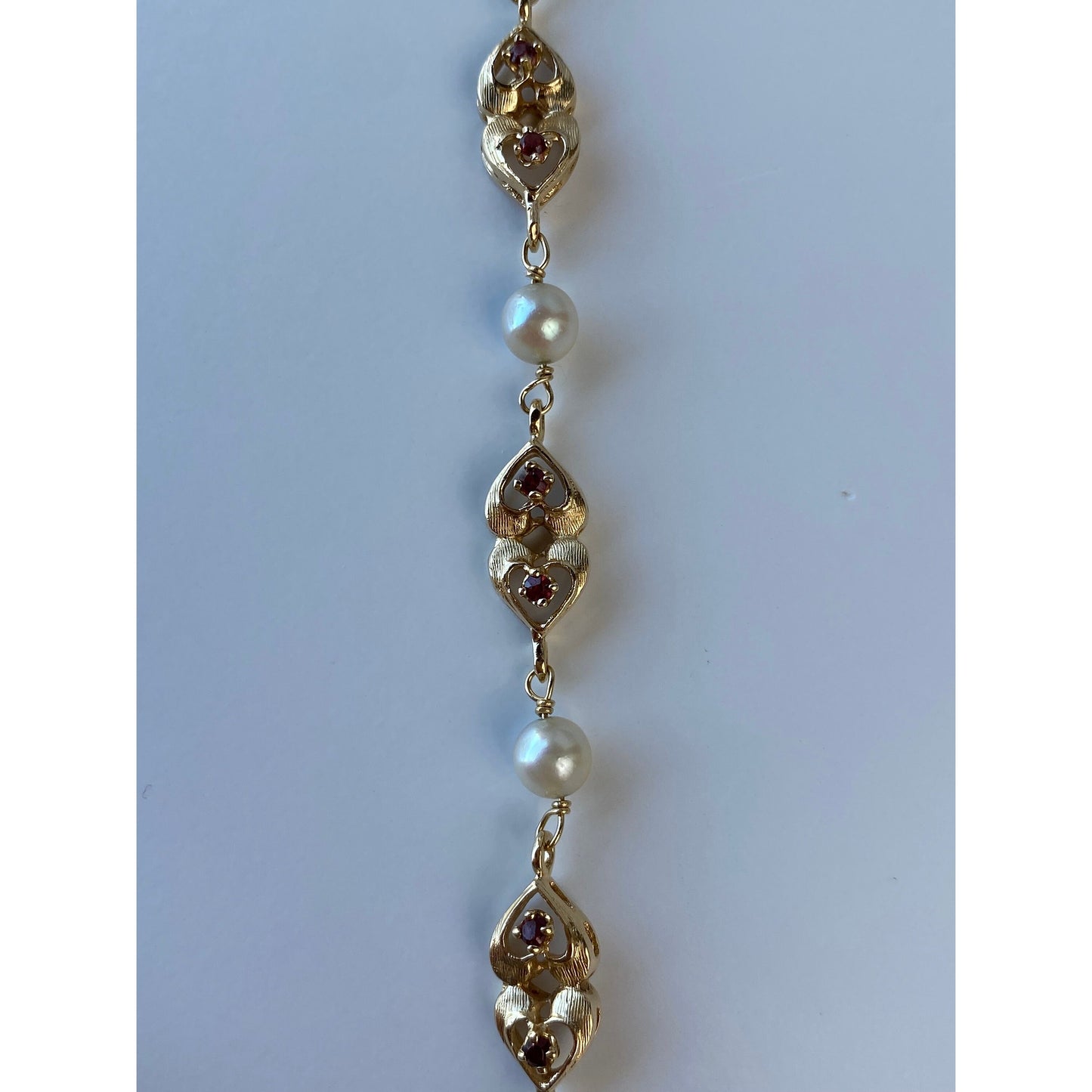 Vintage Solid 14k Yellow Gold Pearl & Red Cubic Zirconia Heart Link Bracelet - 8.25 inches