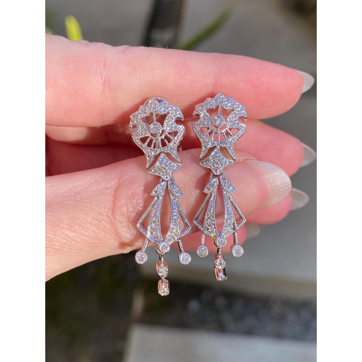 Solid 14k White Gold Diamond Art Deco Dangle Stud Earrings