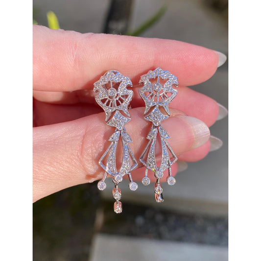 Solid 14k White Gold Diamond Art Deco Dangle Stud Earrings