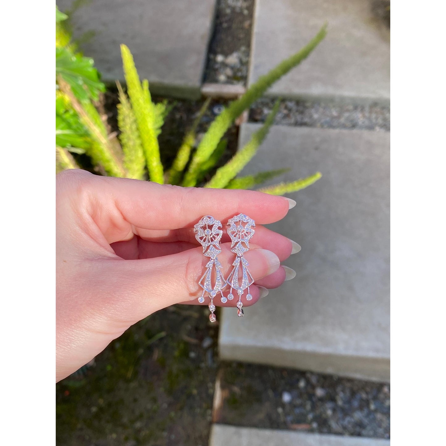 Solid 14k White Gold Diamond Art Deco Dangle Stud Earrings