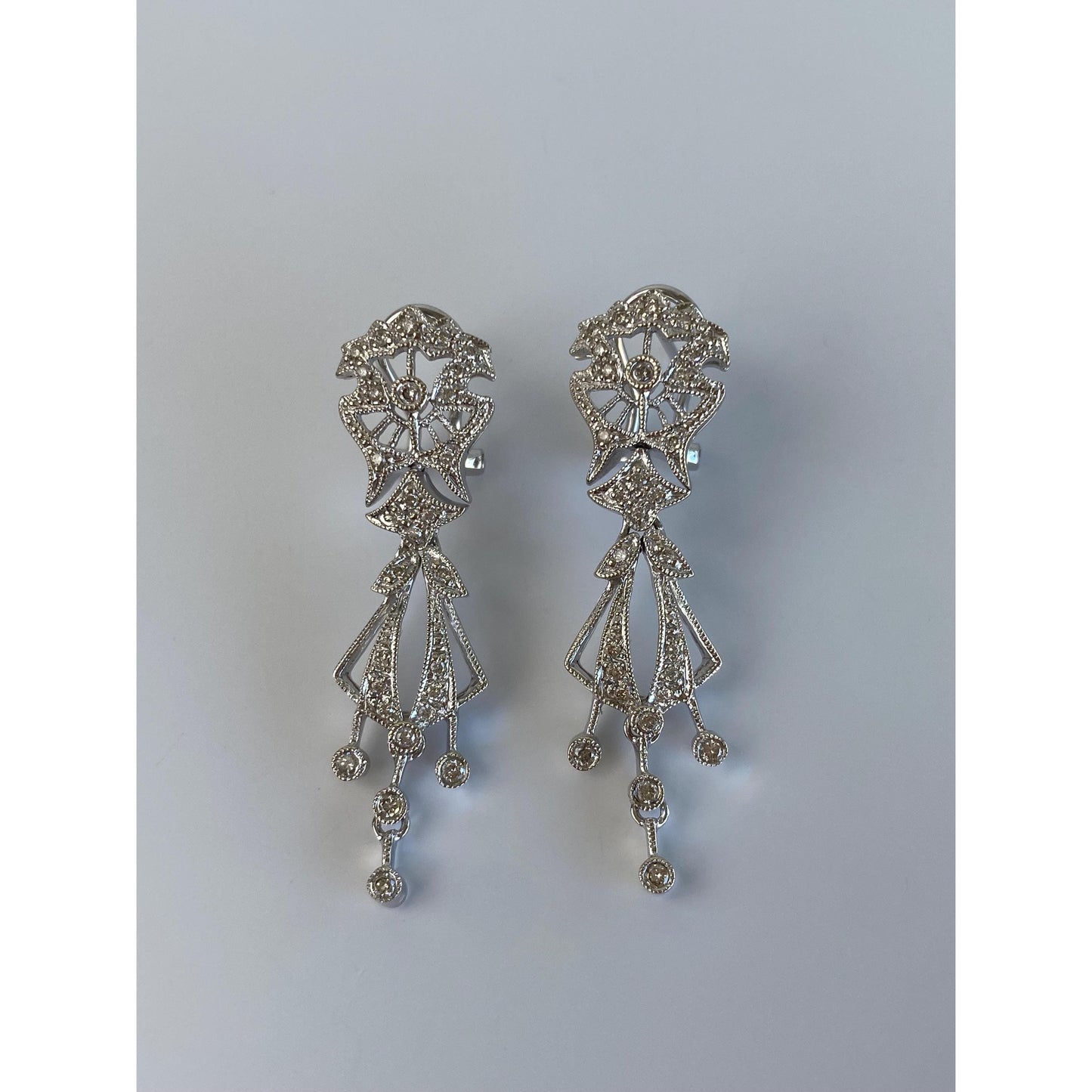 Solid 14k White Gold Diamond Art Deco Dangle Stud Earrings