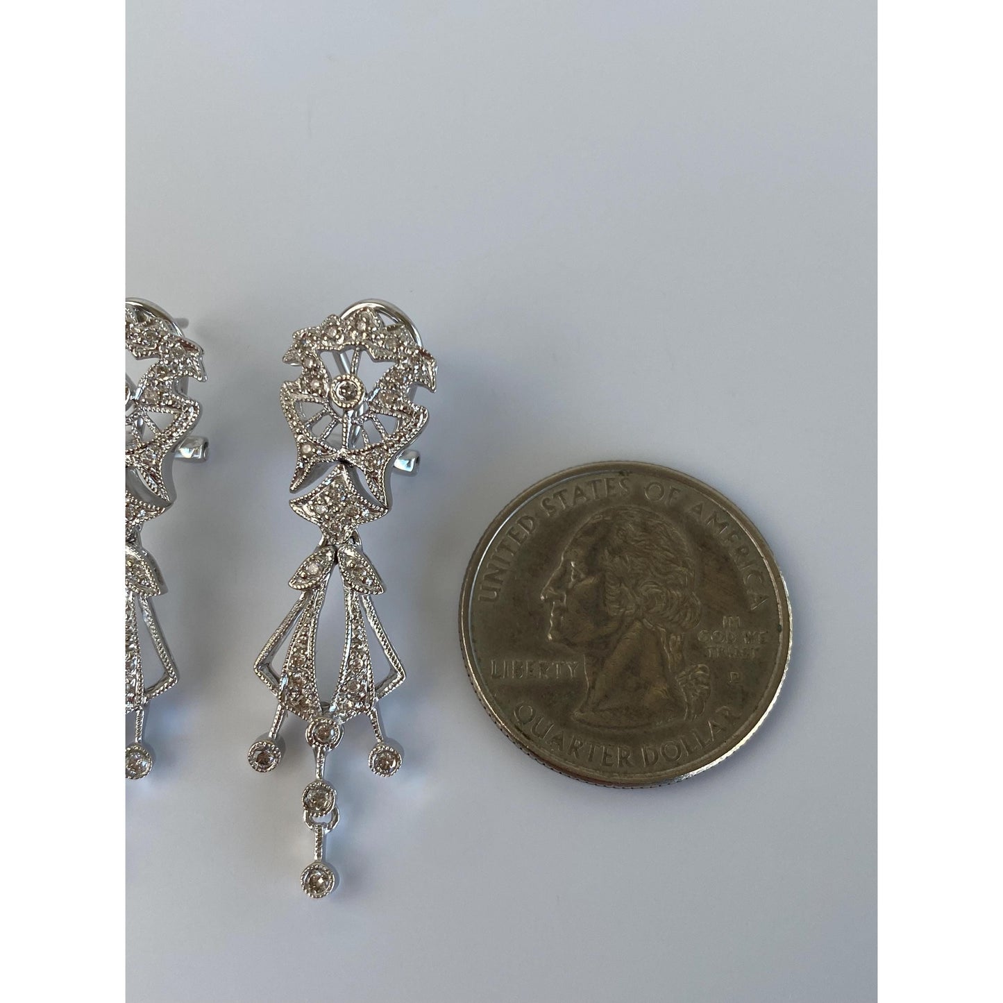 Solid 14k White Gold Diamond Art Deco Dangle Stud Earrings