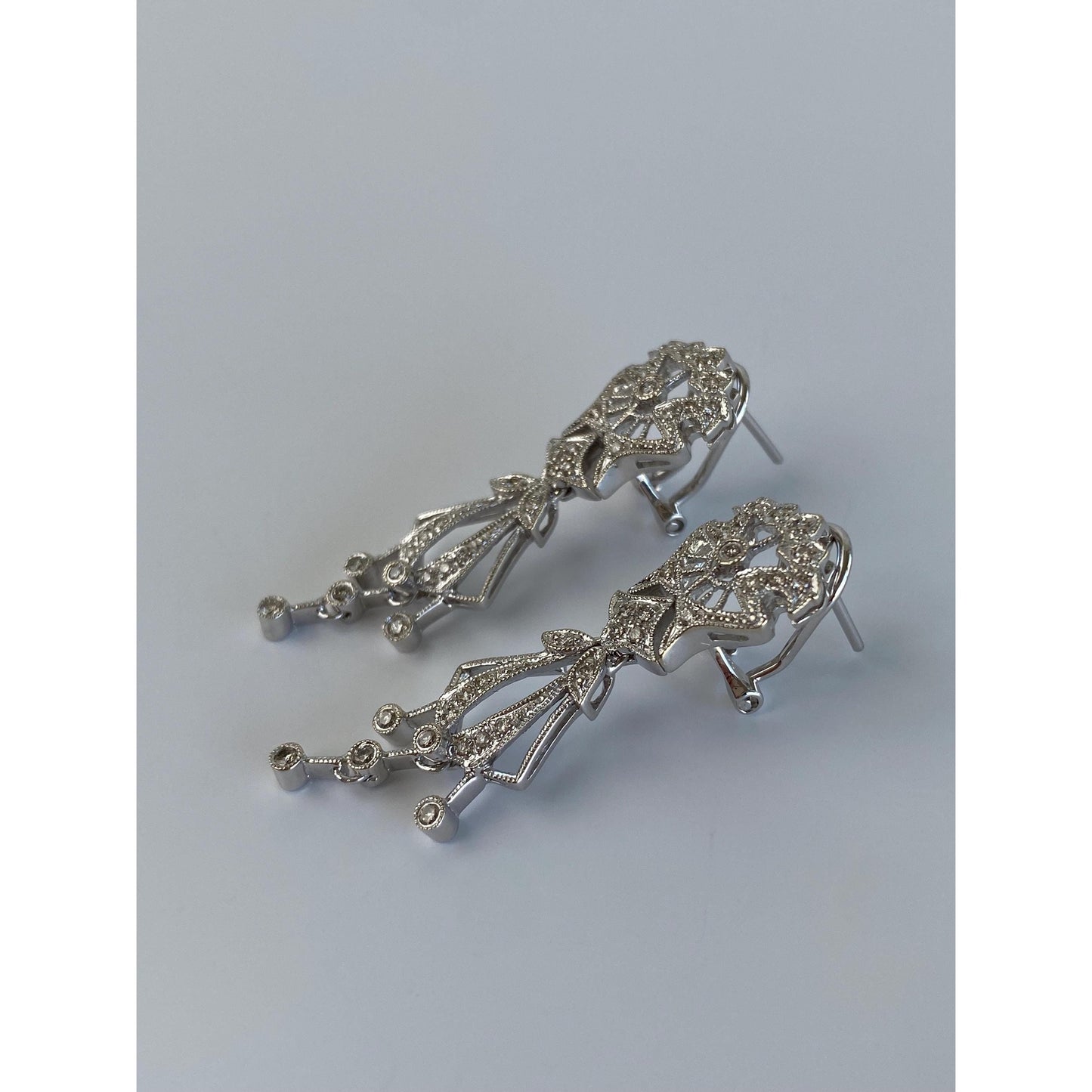 Solid 14k White Gold Diamond Art Deco Dangle Stud Earrings