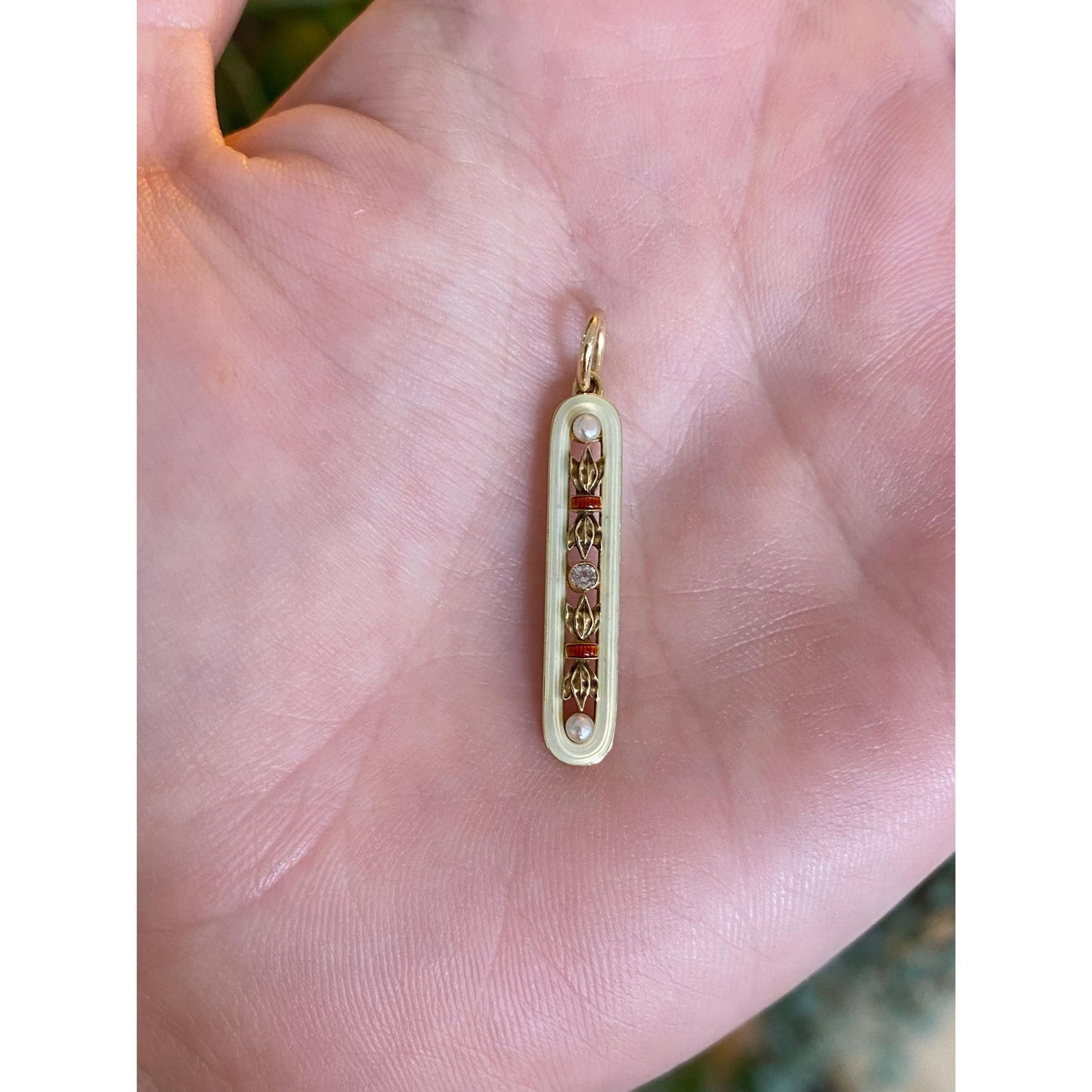 Vintage Solid 14k Yellow Gold Clear Sapphire Seed Pearls Enamel Bar Charm