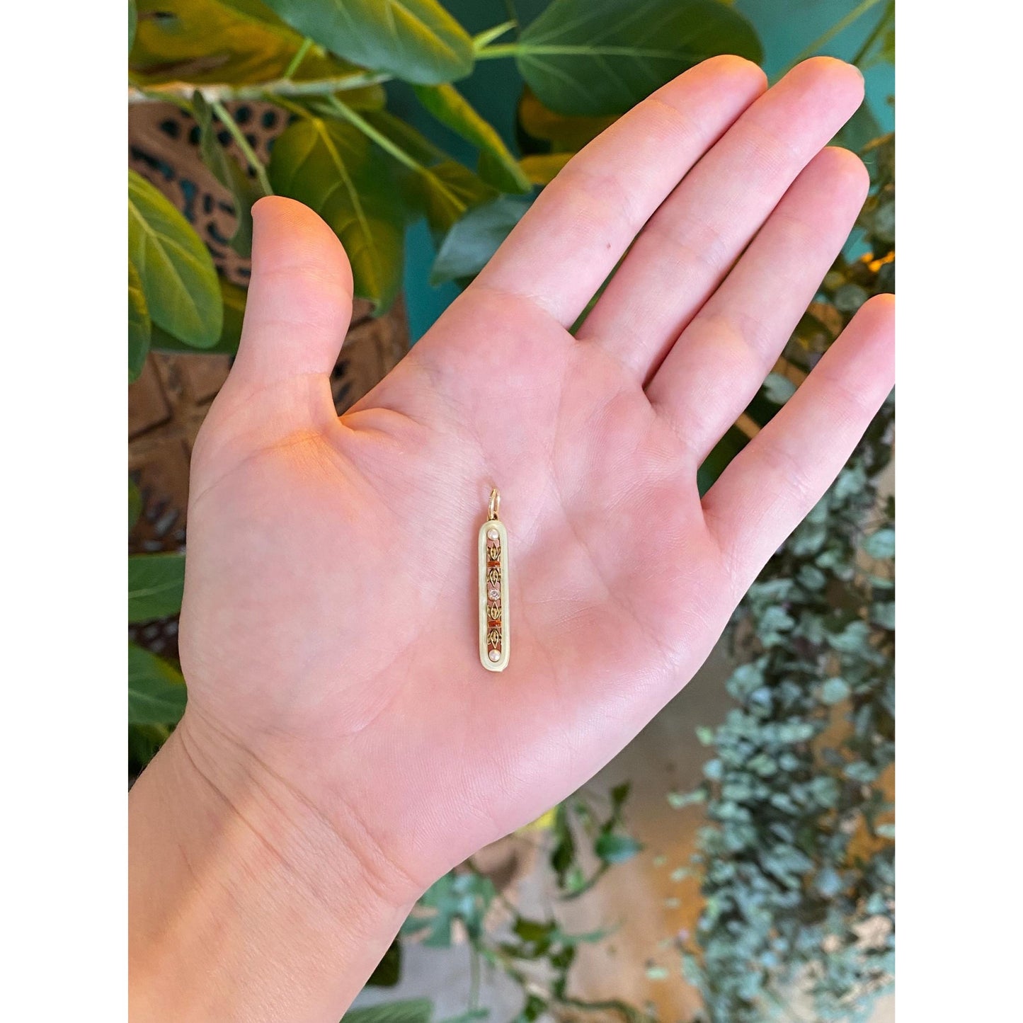 Vintage Solid 14k Yellow Gold Clear Sapphire Seed Pearls Enamel Bar Charm