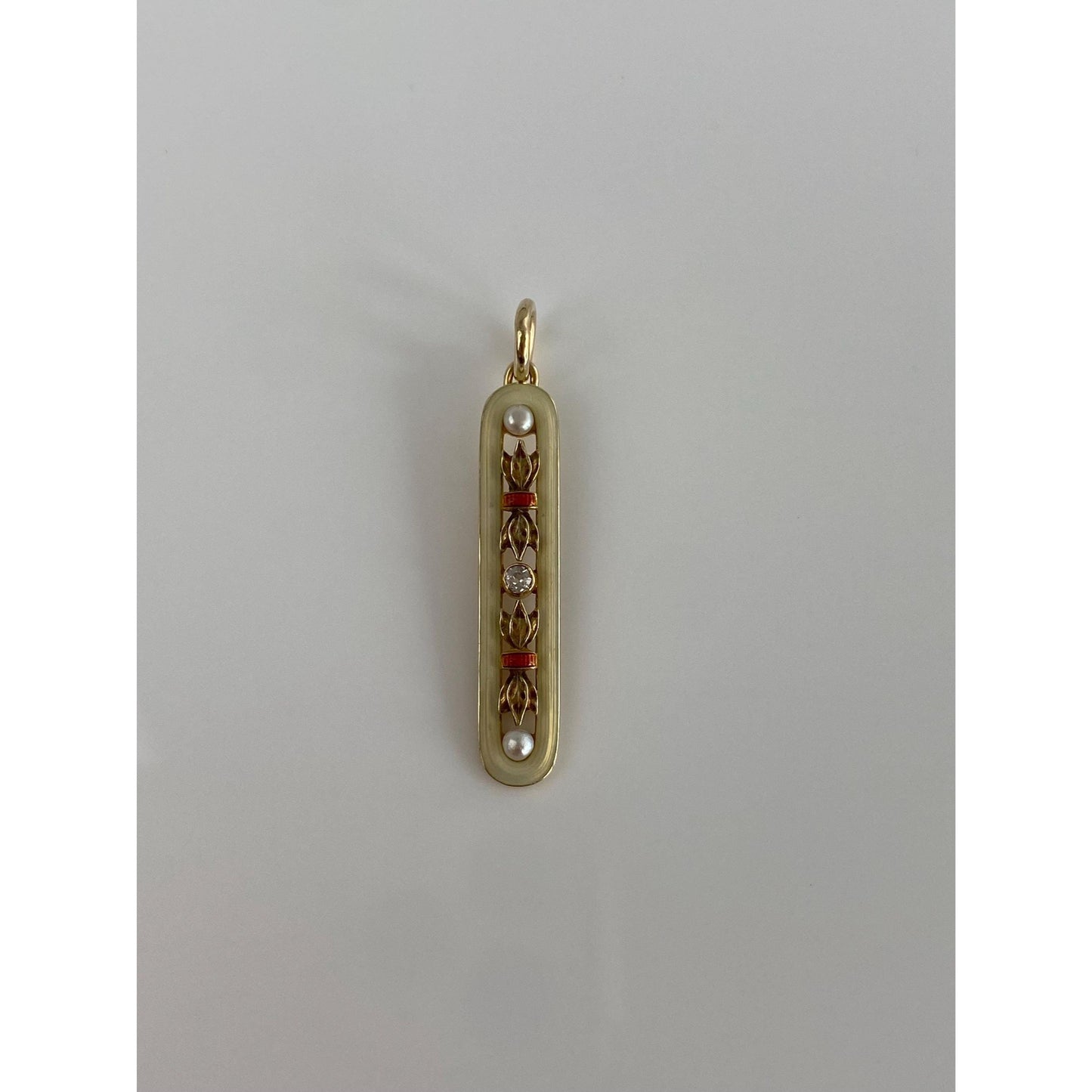 Vintage Solid 14k Yellow Gold Clear Sapphire Seed Pearls Enamel Bar Charm