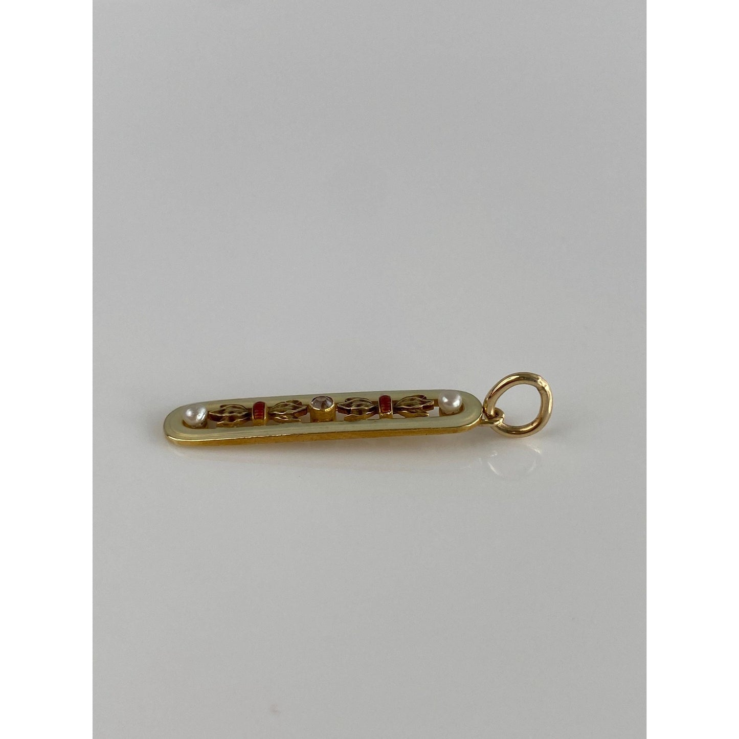 Vintage Solid 14k Yellow Gold Clear Sapphire Seed Pearls Enamel Bar Charm