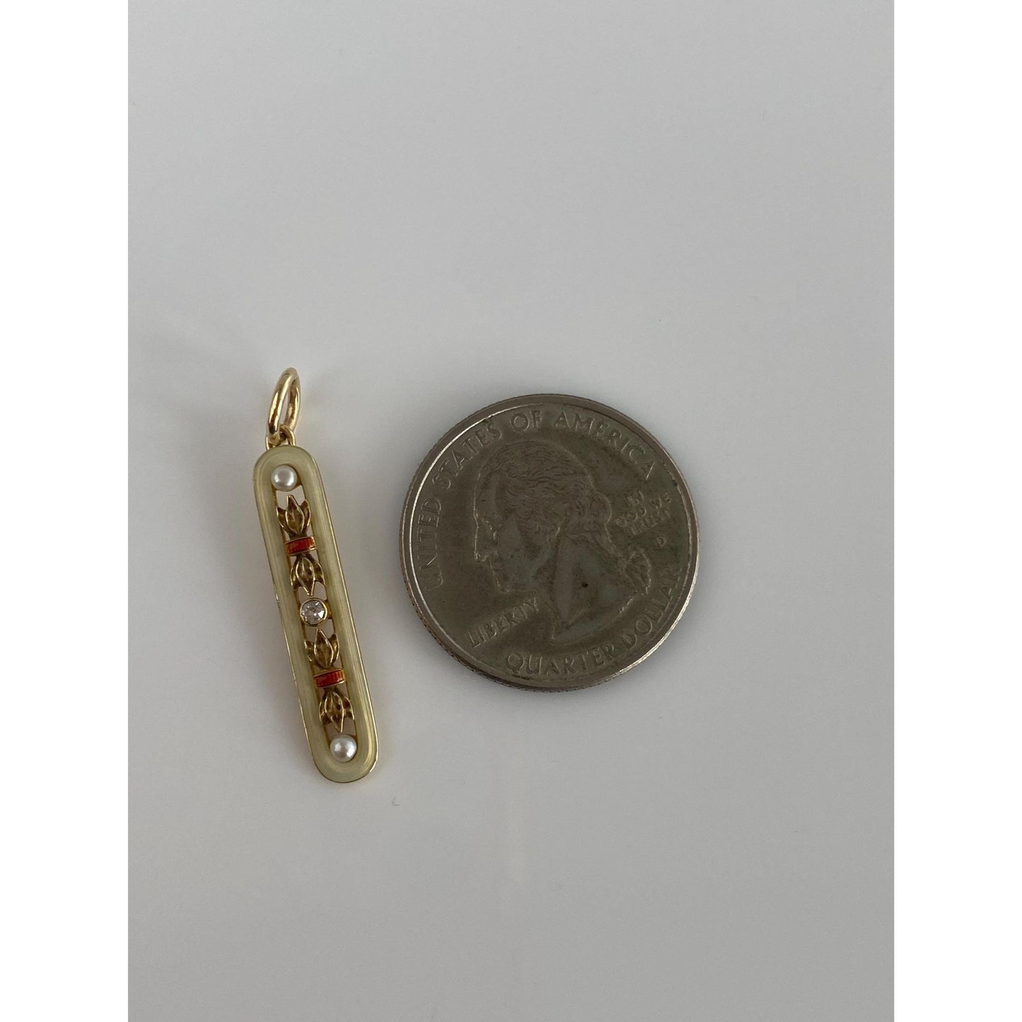 Vintage Solid 14k Yellow Gold Clear Sapphire Seed Pearls Enamel Bar Charm