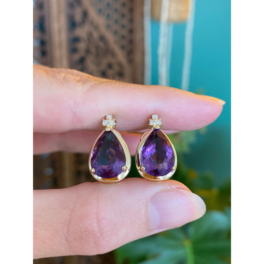 Vintage Solid 14k Yellow Gold Diamond Amethyst Stud Earrings