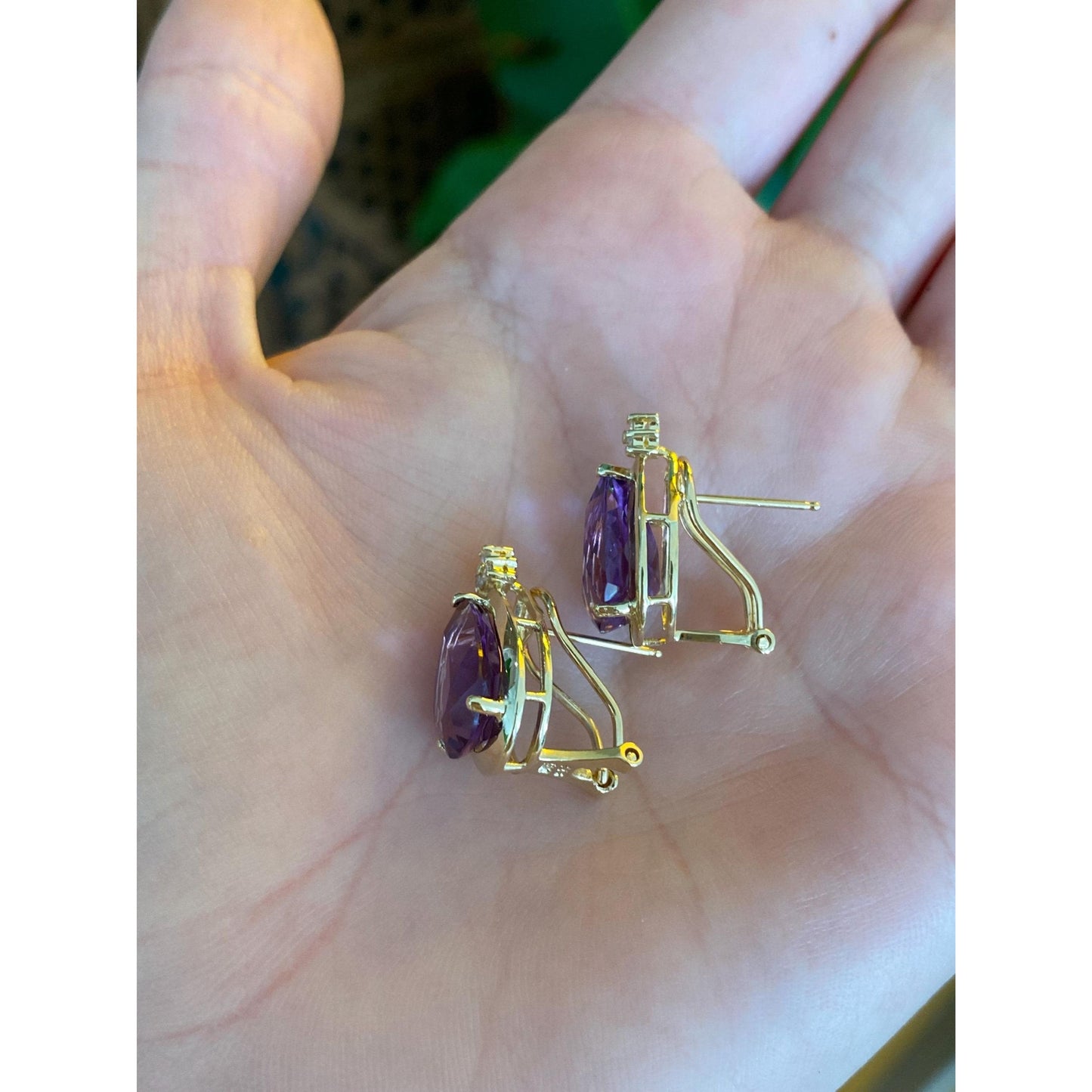 Vintage Solid 14k Yellow Gold Diamond Amethyst Stud Earrings