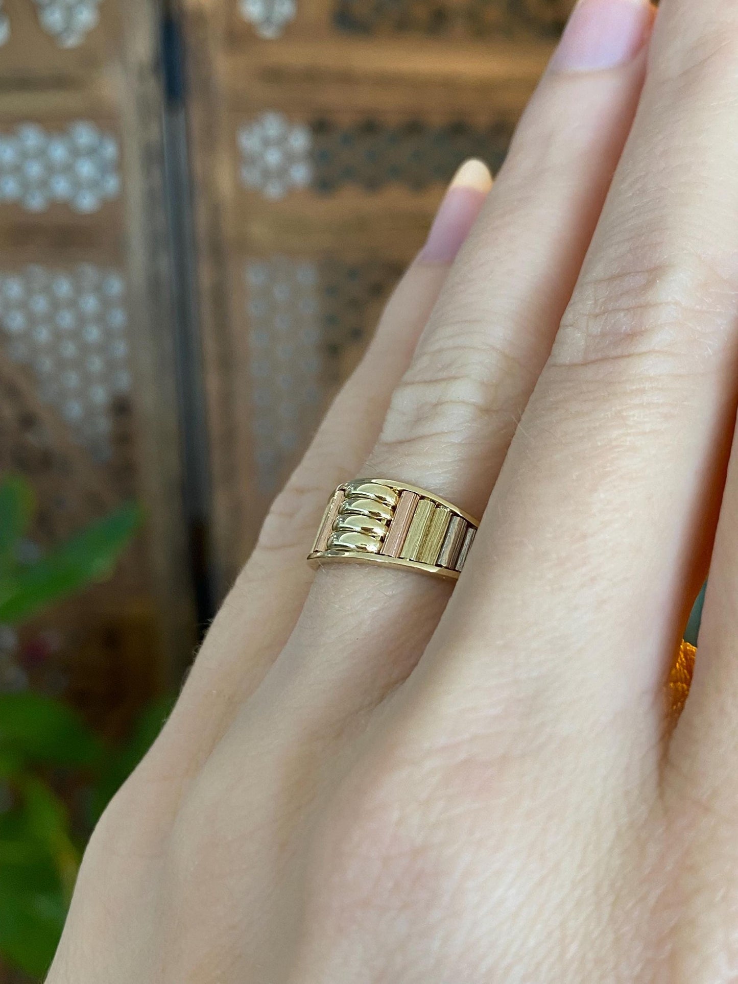 Vintage Solid 14k Tri Tone Gold Mesh Ring Band - Size 5.25