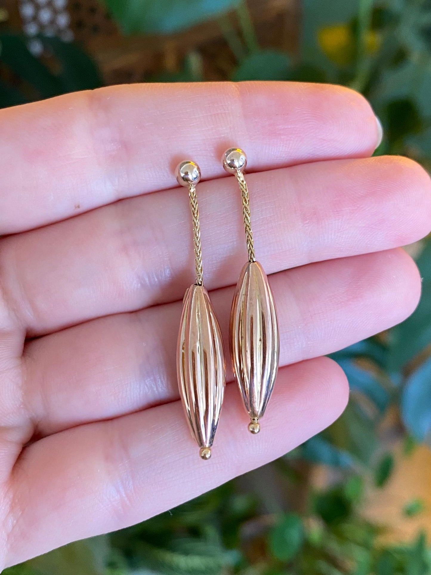 Vintage 14k Rose & Yellow Gold Textured Bead Wheat Chain Dangle Stud Earrings