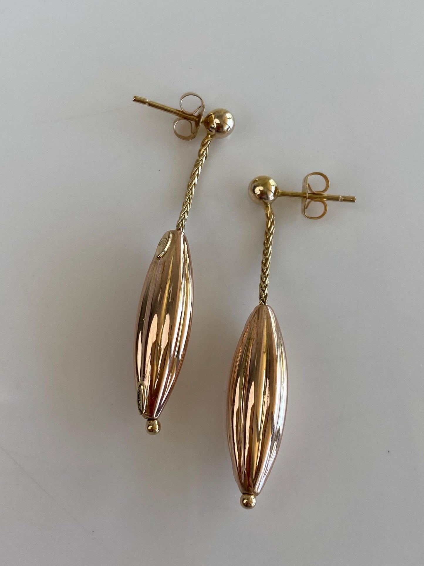 Vintage 14k Rose & Yellow Gold Textured Bead Wheat Chain Dangle Stud Earrings