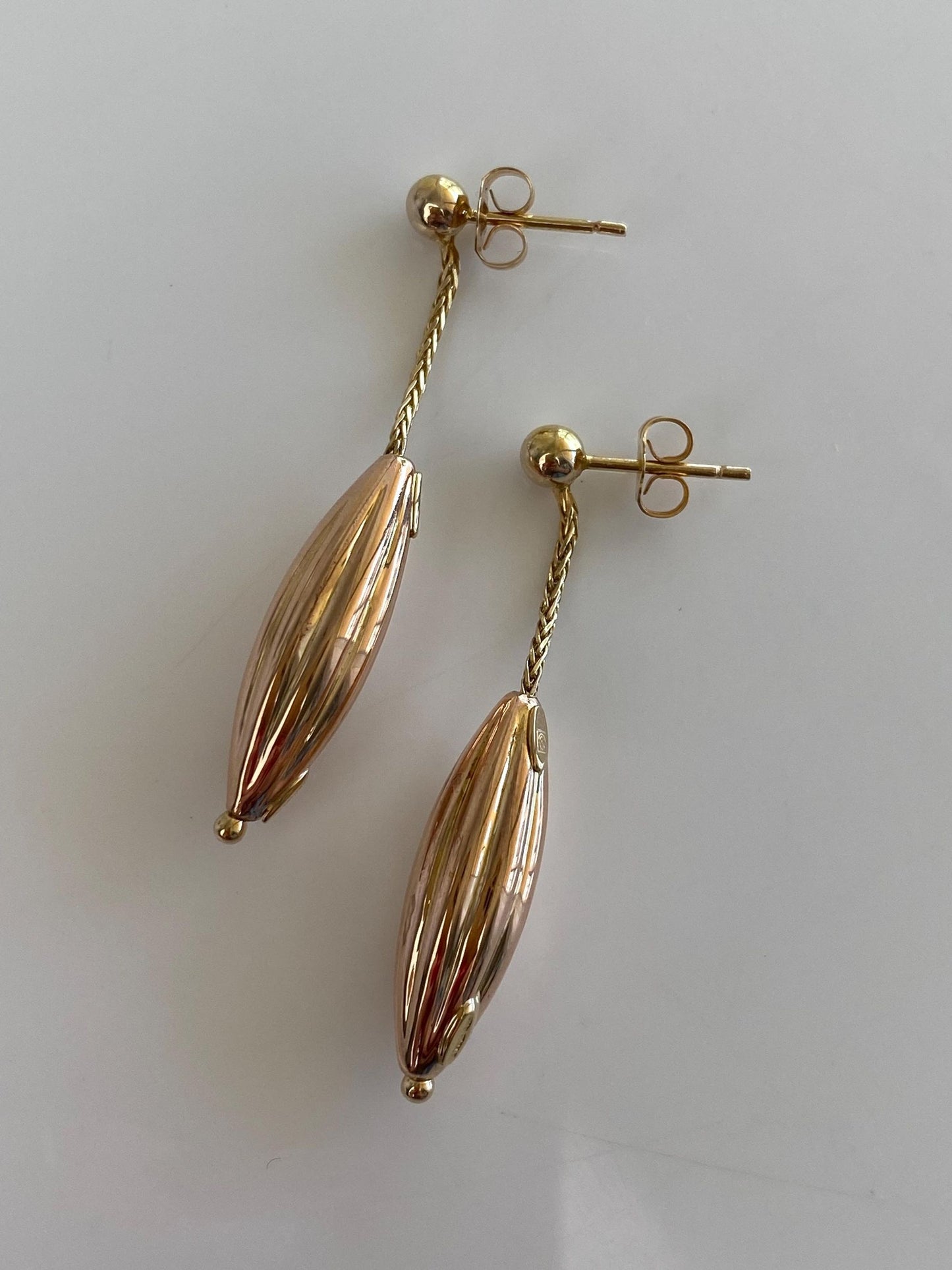 Vintage 14k Rose & Yellow Gold Textured Bead Wheat Chain Dangle Stud Earrings