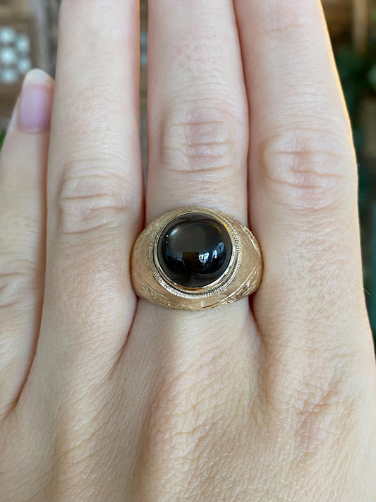 Vintage Solid 10k Yellow Gold Star Sapphire Designed Signet Ring - Size 10