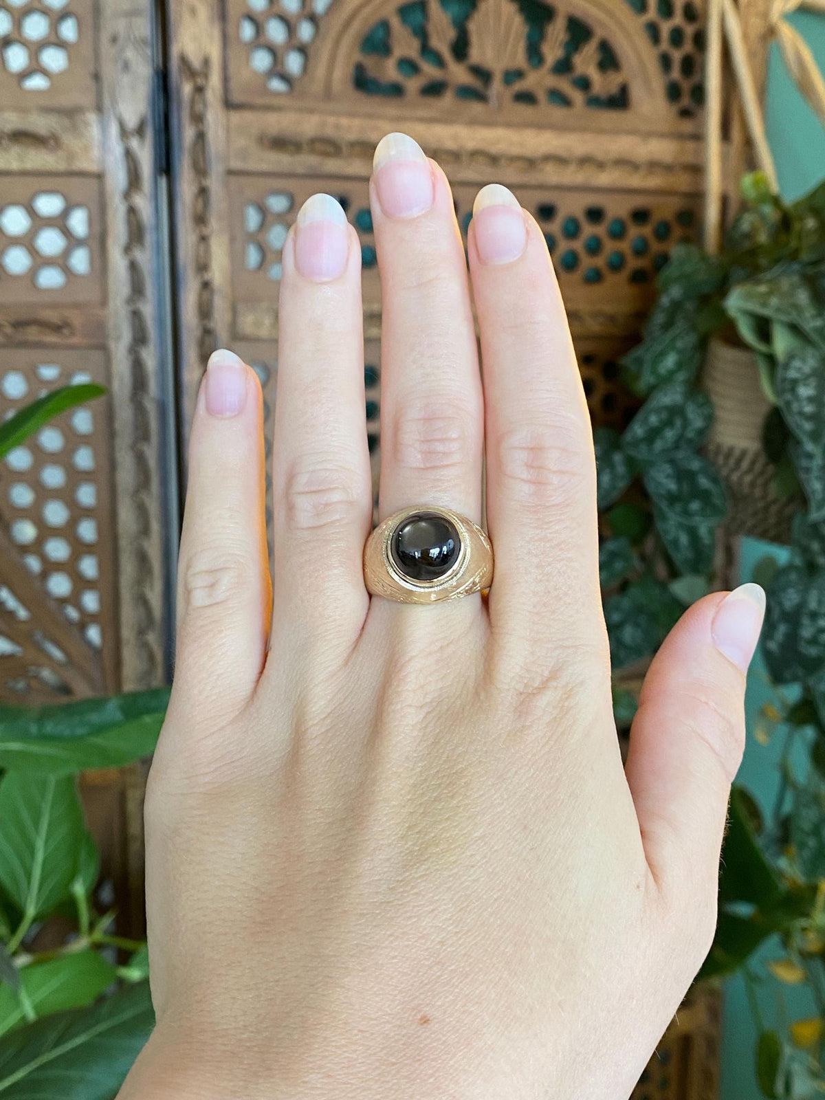 Vintage Solid 10k Yellow Gold Star Sapphire Designed Signet Ring - Size 10