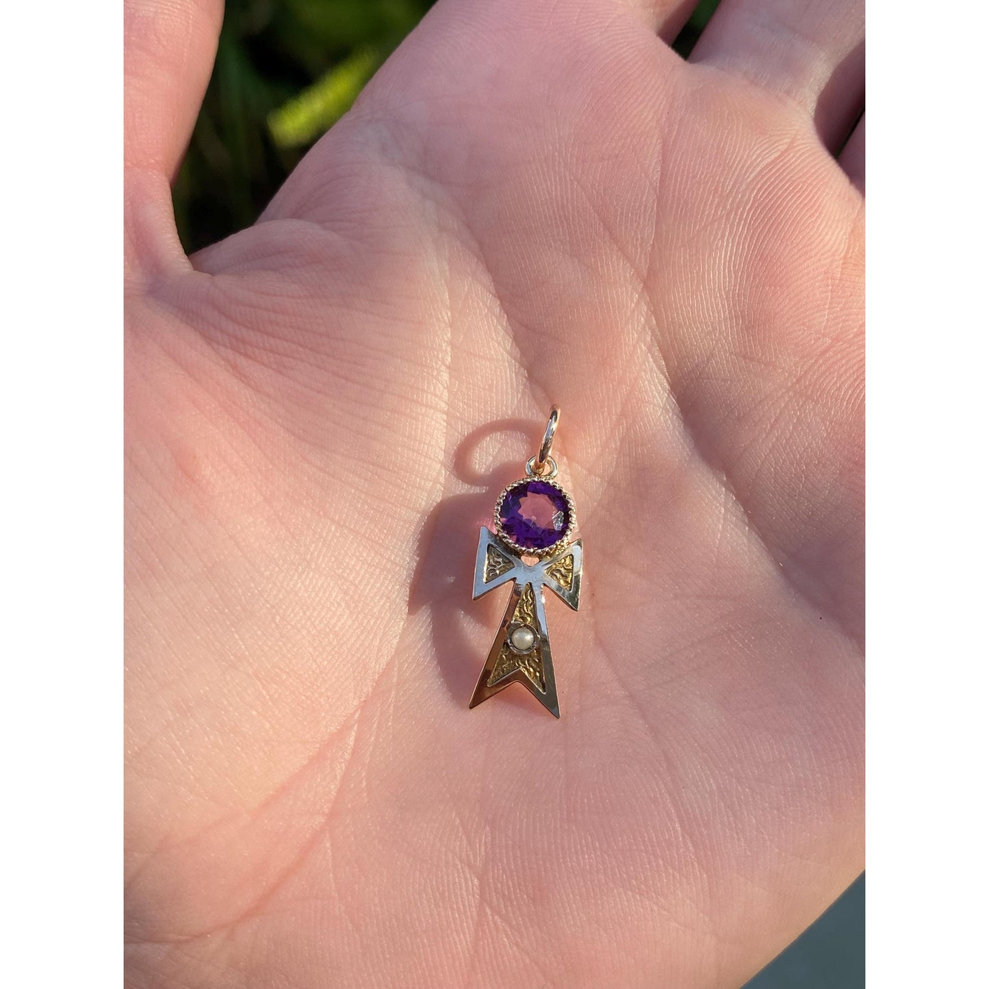 Vintage Solid 10k Yellow Gold Purple Cubic Zirconia Seed Pearl Charm