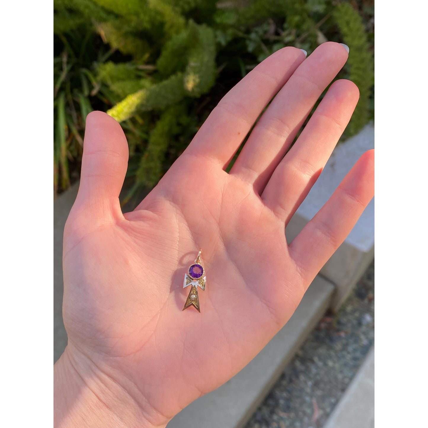 Vintage Solid 10k Yellow Gold Purple Cubic Zirconia Seed Pearl Charm